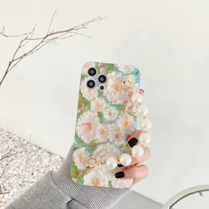 Luxury Floral Green Pearl Chain Case