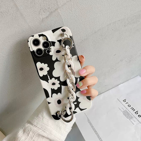 Luxury White Black Floral Chain Case