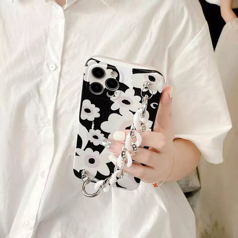 Luxury White Black Floral Chain Case